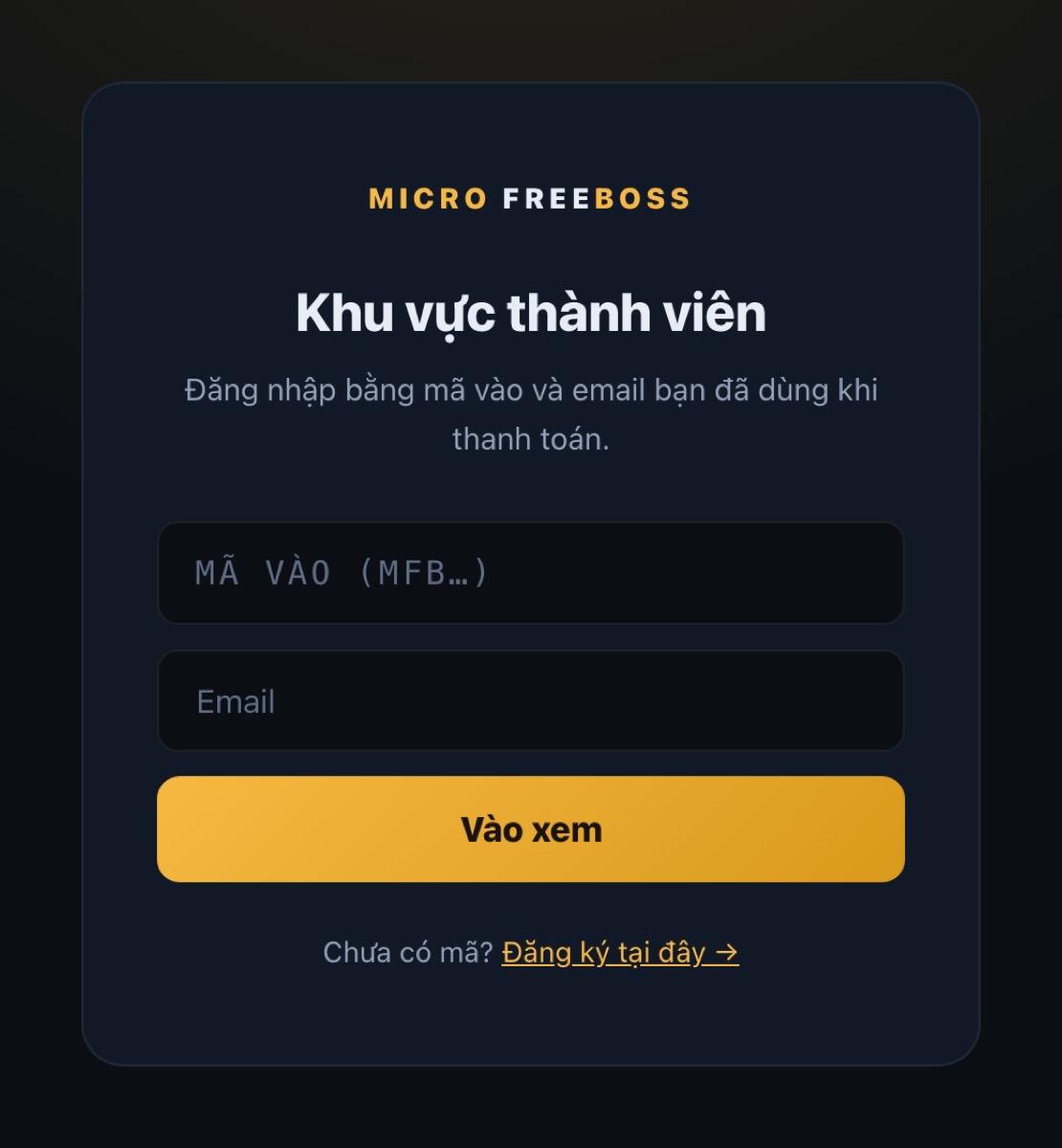 Màn đăng nhập khu vực thành viên bằng email hoặc Google