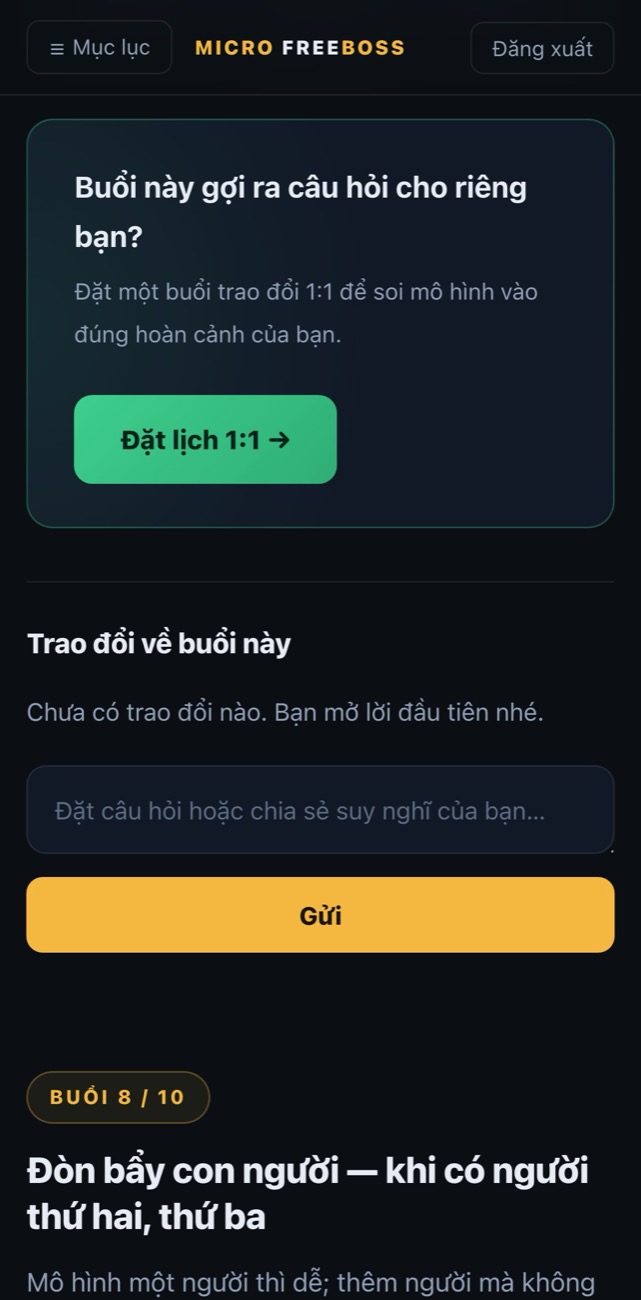 Khu vực thành viên trên điện thoại: nút đặt lịch 1:1 và khu trao đổi